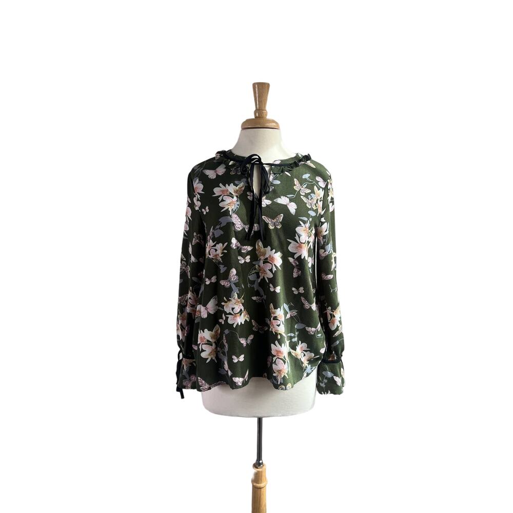 Entro Olive Green Floral and Butterfly Ruffle Top